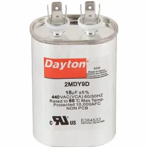 DAYTON 2MDY9 Motor Run Capacitor, Oval, 440VAC, 15, 3 1/2 Inch Overall Height | CH6JJG