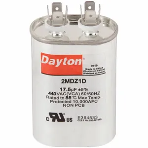 DAYTON 2MDZ1 Motor Run Capacitor, Oval, 440V AC, 17.5 mfd, 3 1/2 Inch Overall Height | CJ2VWF