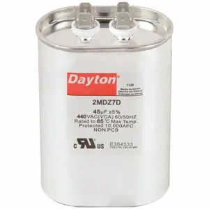 DAYTON 2MDZ7 Motor Run Capacitor, Oval, 440V AC, 45 mfd, 4 1/2 Inch Overall Height | CJ2VWR