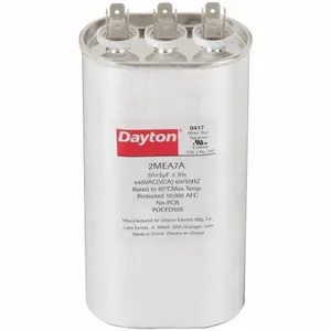 DAYTON 2MEA7 Motor Dual Run Capacitor, Oval, 440V AC, 50/5 mfd, 5 11/16 Inch Overall Height | CJ2VQK