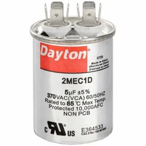 DAYTON 2MEC1 Motor Run Capacitor, Round, 370V AC, 5 mfd, 2 9/16 Inch Overall Height | CJ2VVT