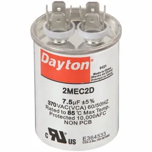 DAYTON 2MEC2 Motor Run Capacitor, Round, 370V AC, 7.5 mfd, 2 11/16 Inch Overall Height | CJ2VVR