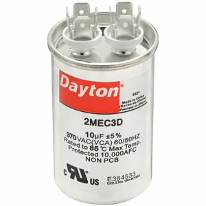 DAYTON 2MEC3 Motor Run Capacitor, Round, 370V AC, 10 mfd, 3 Inch Overall Height | CJ2VWL