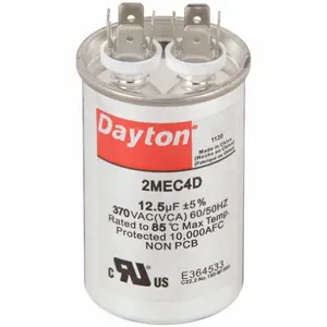 DAYTON 2MEC4 Motor Run Capacitor, Round, 370V AC, 12.5 mfd, 3 Inch Overall Height | CJ2VWV