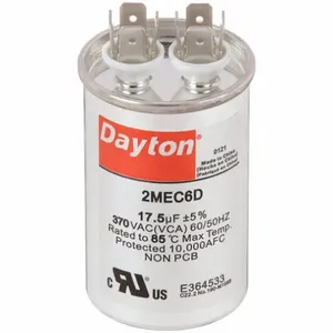 DAYTON 2MEC6 Motor Run Capacitor, Round, 370V AC, 17.5 mfd, 3 Inch Overall Height | CJ2VVV