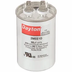 DAYTON 2MEE1 Motor Run Capacitor, Round, 370VAC, 35 Microfarad Rating | CH6JJR