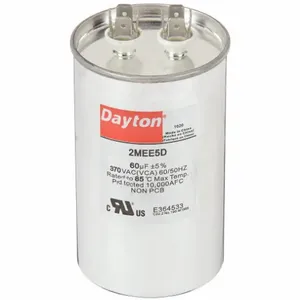 DAYTON 2MEE5 Motor Run Capacitor, Round, 370V AC, 60 mfd, 4 7/16 Inch Overall Height | CJ2VVK