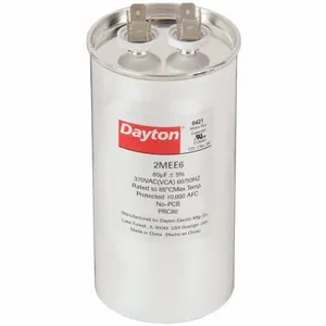 DAYTON 2MEE6 Motor Run Capacitor, Round, 370VAC, 80 Microfarad Rating | CH6JJV