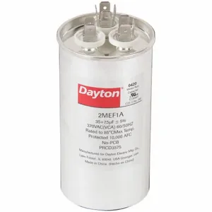 DAYTON 2MEF1 Motor Dual Run Capacitor, Round, 370VAC, 35/7.5, 4 5/8 Inch Overall Height | CH6JJZ