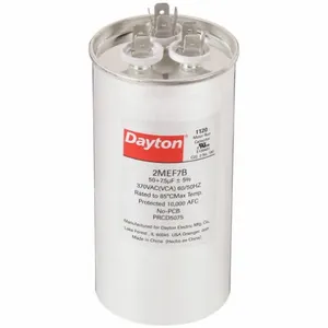 DAYTON 2MEF7 Motor Dual Run Capacitor, Round, 370VAC, 50/7.5, 5 1/4 Inch Overall Height | CH6JKC