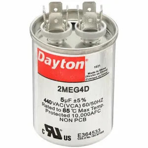 DAYTON 2MEG4 Motor Run Capacitor, Round, 440V AC, 5 mfd, 2 11/16 Inch Overall Height | CJ2VVU