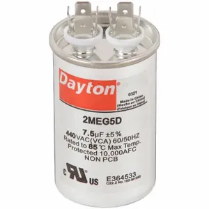 DAYTON 2MEG5 Motor Run Capacitor, Round, 440V AC, 7.5 mfd, 3 Inch Overall Height | CJ2VWT