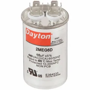 DAYTON 2MEG6 Motor Run Capacitor, Round, 440V AC, 10 mfd, 3 Inch Overall Height | CJ2VVM