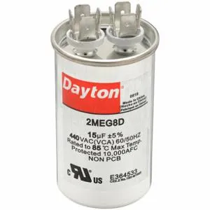 DAYTON 2MEG8 Motor Run Capacitor, Round, 440VAC, 15 Microfarad Rating | CH6JKK