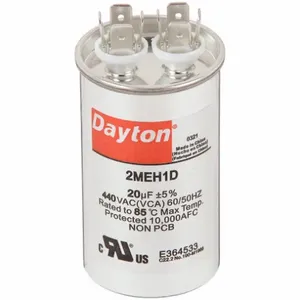 DAYTON 2MEH1 Motor Run Capacitor, Round, 440VAC, 20, 3 5/16 Inch Overall Height | CH6JKL