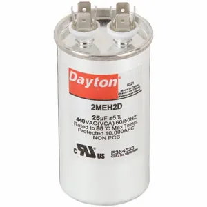 DAYTON 2MEH2 Motor Run Capacitor, Round, 440VAC, 25, 4 Inch Overall Height | CH6JKM