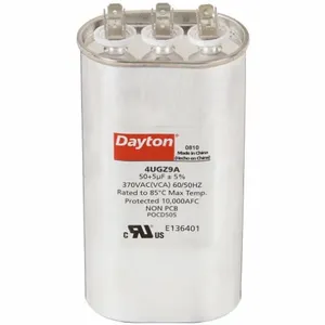 DAYTON 4UGZ9 Motor Dual Run Capacitor, Oval, 370V AC, 50/5 mfd, 5 5/8 Inch Overall Height | CJ2VQH