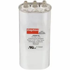 DAYTON 4UHA1 Motor Dual Run Capacitor, Oval, 370V AC, 55/5 mfd, 6 3/8 Inch Overall Height | CJ2VRF