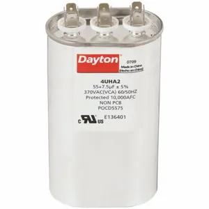 DAYTON 4UHA2 Motor Dual Run Capacitor, Oval, 370V AC, 55/7.5 mfd, 6 3/8 Inch Overall Height | CJ2VRH