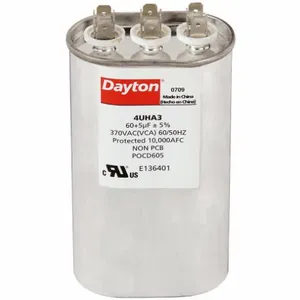 DAYTON 4UHA3 Motor Dual Run Capacitor, Oval, 370V AC, 60/5 mfd, 6 3/8 Inch Overall Height | CJ2VQG