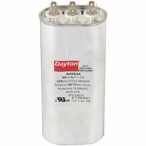 DAYTON 4UHA4 Motor Dual Run Capacitor, Oval, 370V AC, 60/7.5 mfd, 6 3/8 Inch Overall Height | CJ2VQP