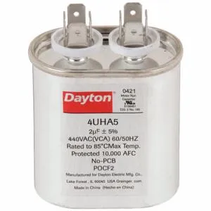 DAYTON 4UHA5 Motor Run Capacitor, Oval, 440V AC, 2 mfd, 2 3/4 Inch Overall Height | CJ2VVQ