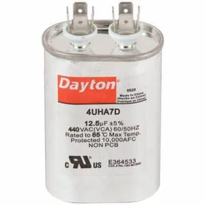 DAYTON 4UHA7 Motor Run Capacitor, Oval, 440V AC, 12.5 mfd, 3 1/2 Inch Overall Height | CJ2VWQ