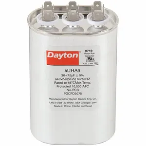 DAYTON 4UHA9 Motor Dual Run Capacitor, Oval, 440V AC, 30/7.5 mfd, 4 5/8 Inch Overall Height | CR2XZG