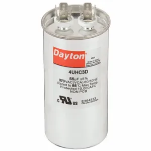 DAYTON 4UHC3 Motor Run Capacitor, Round, 370V AC, 55 mfd, 4 7/16 Inch Overall Height | CJ2VVY