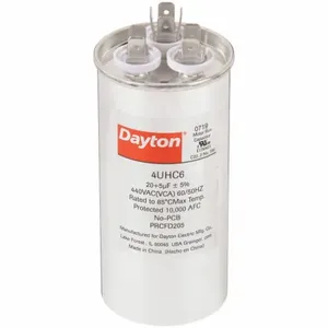 DAYTON 4UHC6 Motor Dual Run Capacitor, Round, 440V AC, 20/5 mfd, 4 5/8 Inch Overall Height | CJ2VTA