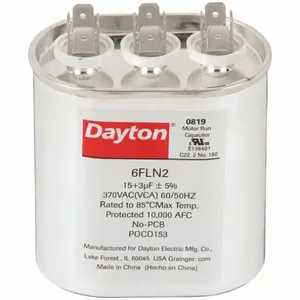 DAYTON 6FLN2 Motor Dual Run Capacitor, Oval, 370V AC, 15/3 mfd, 3 3/8 Inch Overall Height | CJ2VQN