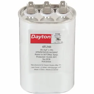 DAYTON 6FLN6 Motor Dual Run Capacitor, Oval, 370V AC, 35/4 mfd, 4 5/8 Inch Overall Height | CJ2VQT