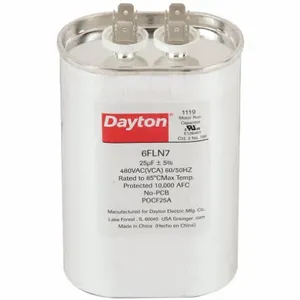 DAYTON 6FLN7 Motor Run Capacitor, Oval, 480V AC, 25 mfd, 4 5/8 Inch Overall Height | CJ2VWH