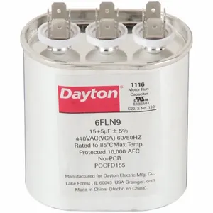 DAYTON 6FLN9 Motor Dual Run Capacitor, Oval, 440V AC, 15/5 mfd, 3 7/16 Inch Overall Height | CJ2VRQ