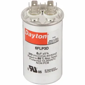 DAYTON 6FLP3 Motor Run Capacitor, Round, 370V AC, 6 mfd, 2 11/16 Inch Overall Height | CJ2VWM