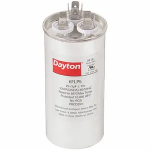 DAYTON 6FLP5 Motor Dual Run Capacitor, Round, 370V AC, 25/3 mfd, 4 5/8 Inch Overall Height | CJ2VRK