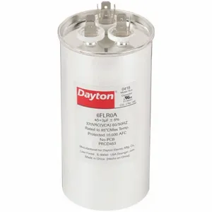 DAYTON 6FLR0 Motor Dual Run Capacitor, Round, 370V AC, 45/3 mfd, 5 1/4 Inch Overall Height | CJ2VQM