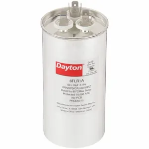 DAYTON 6FLR1 Motor Dual Run Capacitor, Round, 370V AC, 50/10 mfd, 5 1/4 Inch Overall Height | CJ2VQF