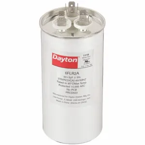 DAYTON 6FLR2 Motor Dual Run Capacitor, Round, 370V AC, 50/3 mfd, 5 1/4 Inch Overall Height | CJ2VTP