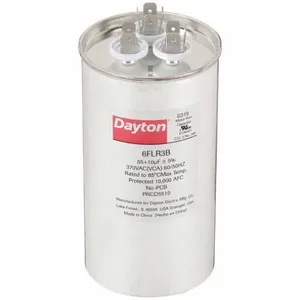 DAYTON 6FLR3 Motor Dual Run Capacitor, Round, 370V AC, 55/10 mfd, 5 1/4 Inch Overall Height | CJ2VTB