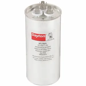 DAYTON 6FLR6 Motor Dual Run Capacitor, Round, 370VAC, 70/7.5 Microfarad Rating | CH6KRL