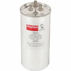 DAYTON 6FLR7 Motor Dual Run Capacitor, Round, 370V AC, 80/10 mfd, 5 13/16 Inch Overall Height | CJ2VQY