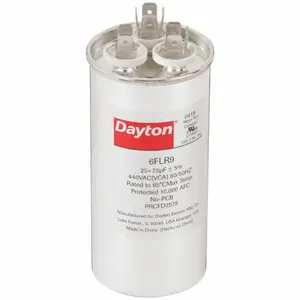 DAYTON 6FLR9 Motor Dual Run Capacitor, Round, 440V AC, 25/7.5 mfd, 4 5/8 Inch Overall Height | CJ2VTH