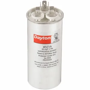 DAYTON 6FLT1 Motor Dual Run Capacitor, Round, 440V AC, 35/3 mfd, 4 13/16 Inch Overall Height | CJ2VQR