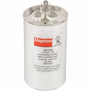 DAYTON 6FLT3 Motor Dual Run Capacitor, Round, 440V AC, 40/3 mfd, 4 5/8 Inch Overall Height | CJ2VRP