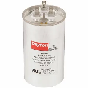 DAYTON 6FLT4 Motor Dual Run Capacitor, Round, 440V AC, 45/3 mfd, 5 1/4 Inch Overall Height | CJ2VTF