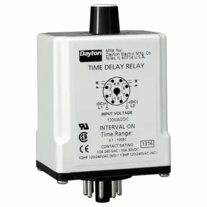 DAYTON TR-50222-05B18 Time Delay Relay, Socket Mounted, 120 Vac/Dc, 8 Pins/Terminals, 0.1 Sec to 10 Sec | CR2YPB 1EGB7