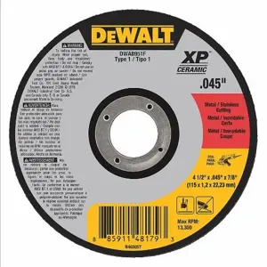 DEWALT DWA8951F Abrasive Cut-Off Wheel, 4 1/2 Inch Abrasive Wheel Dia, Ceramic, 7/8 Inch Arbor Hole Size | CN2QQG DW8851 / 6TMT7