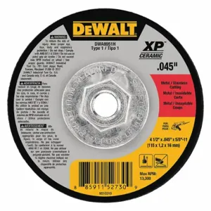 DEWALT DWA8951H Abrasive Cut-Off Wheel, 4 1/2 Inch Abrasive Wheel Dia, Ceramic, Type 1 | CP3NPV 416L05