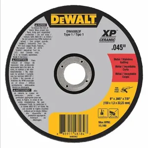 DEWALT DWA8953F Abrasive Cut-Off Wheel, 6 Inch Abrasive Wheel Dia, Ceramic, Type 1, 7/8 Inch Arbor Hole | CN2QQH DW8853 / 6TMT5